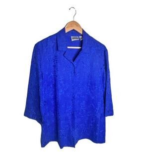 Vintage Chico’s Design Silk Linen Button Up Top Cobalt Blue Embroidery Large